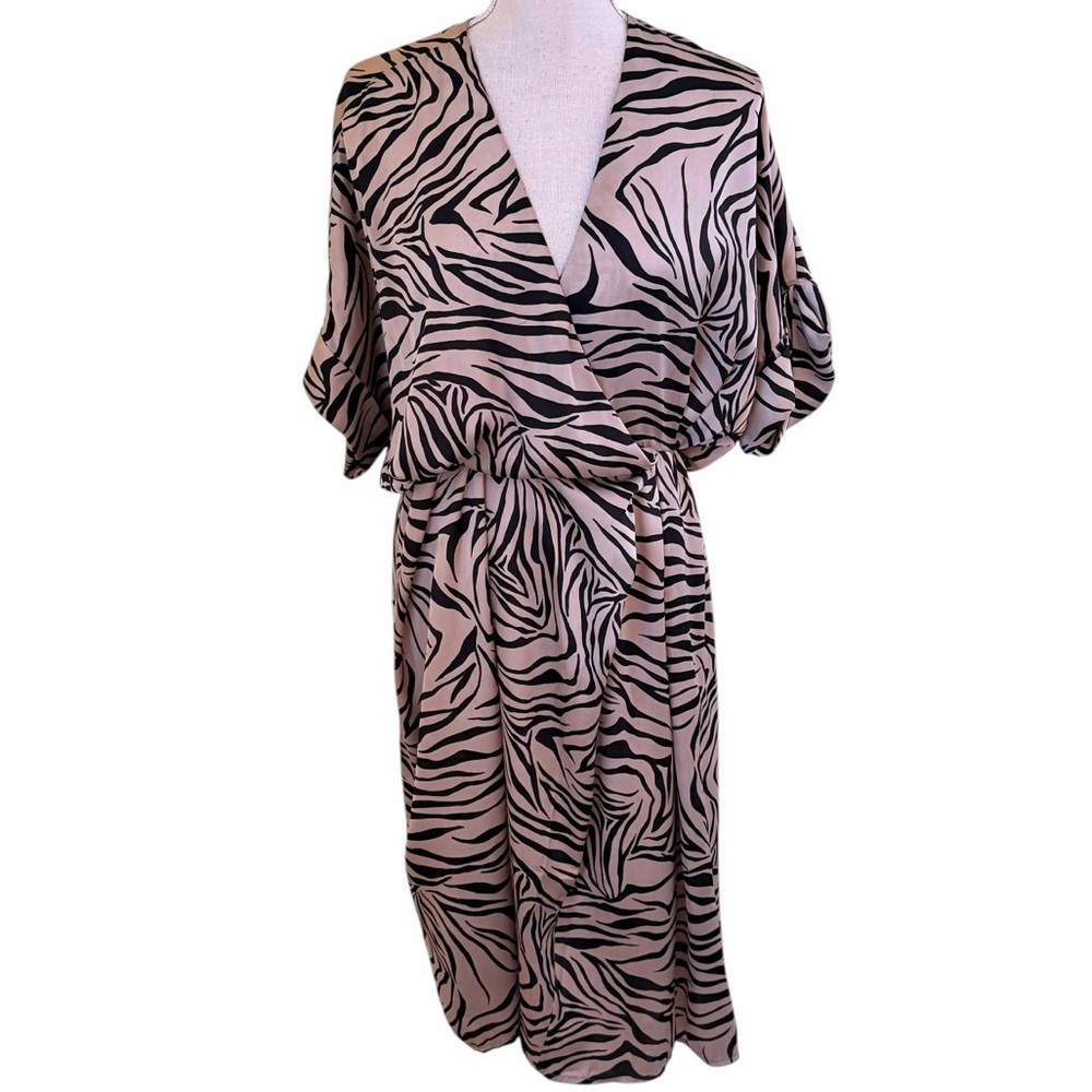 Dress Forum Tan/Black Zebra/Tiger Print Satin Faux Wrap Dress S